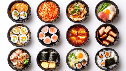 Top view composition of various Asian food in bowl