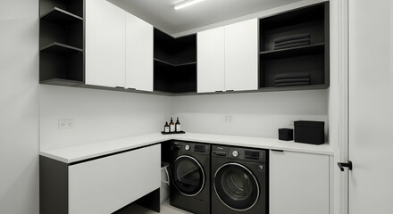 Modern Laundry Room With Stylish Cabinetry And Washing Machines Interior Design