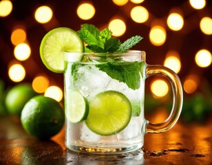 Fototapeta premium Non-alcoholic mojito in clear mug, blurred lights in the background.