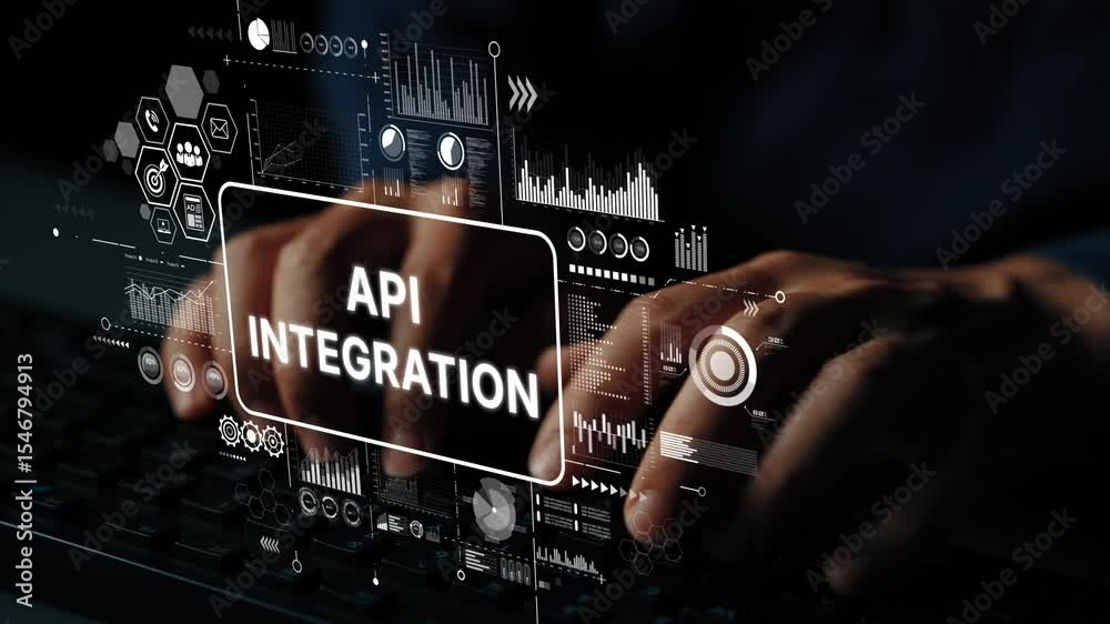 Fototapete Hands on Keyboard with Digital Overlay for API Integration and Technology Concepts in Modern Workspace. Asymptotic smart data analytic.