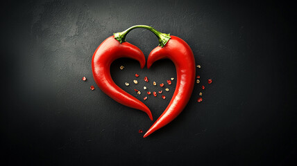 Two chili peppers forming a shape of heart. Hot lover symbol.