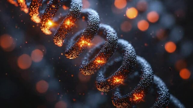 Fiery, decaying double helix structure; glowing embers