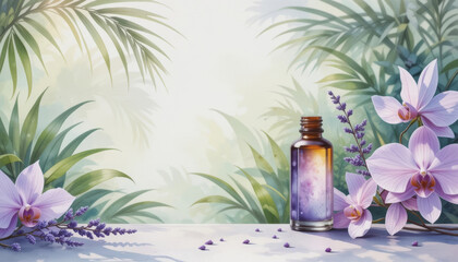 Lavender oil bottle with floral backdrop promoting local products and wellness lifestyle