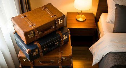 Fototapeta premium Vintage Suitcases Stacked Near Bedside Table In Hotel Room Vacation Concept