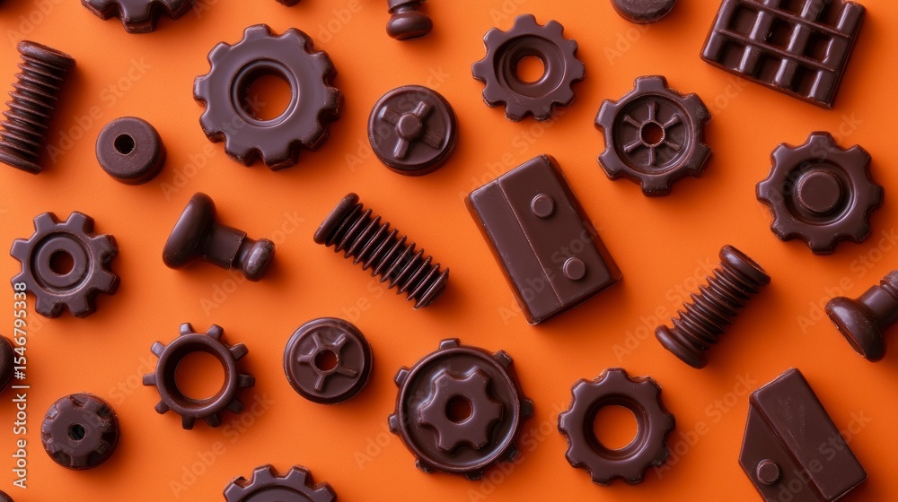 Poster flat lay of assorted dark chocolate pieces shaped like various machine parts on orange background.