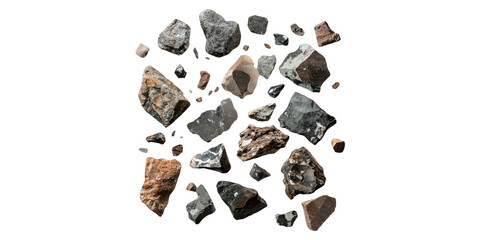 Collection Of Various Rocks And Minerals. Geological Study And Earth Science Exploration Isolated On Transparent Background