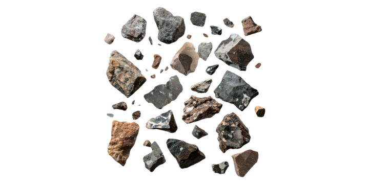 Collection Of Various Rocks And Minerals. Geological Study And Earth Science Exploration Isolated On Transparent Background