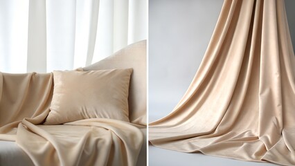 white background with soft beige fabric folds on both edges, natural daylight, minimal aesthetic, photorealistic