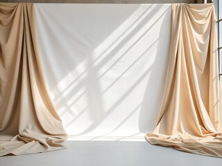 white background with soft beige fabric folds on both edges, natural daylight, minimal aesthetic, photorealistic