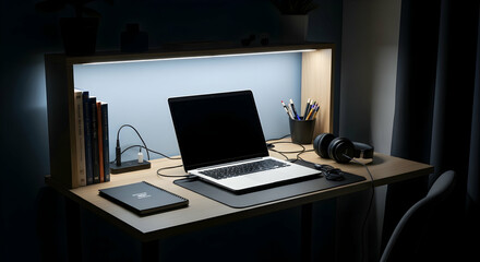 Fototapeta premium Illuminated Modern Workspace With Laptop And Audio Accessories In Dark Ambiance
