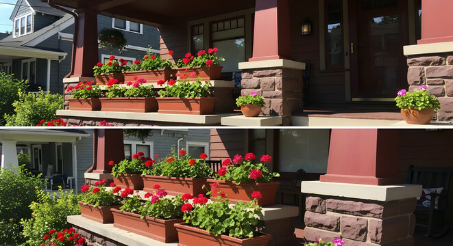 Elegant Residence With Geraniums And Stonework Enhancing The Veranda Appeal