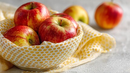 Bowl of apples covered with beeswax wrap, placed on a white table in close-up view