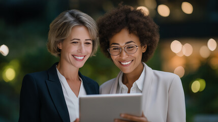 Professional Women Collaborating with Technology in Green Office