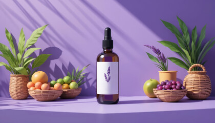 Lavender oil spray bottle with vibrant fruits showcasing local products concept