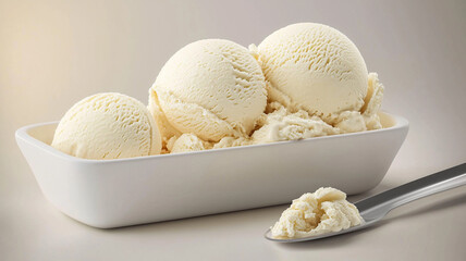 Vanilla ice cream scooped out of container