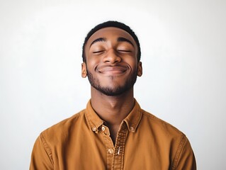 Portrait of a young African American man with eyes closed smiling serenely