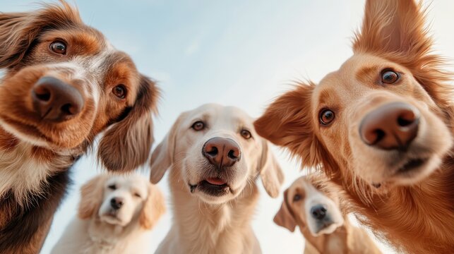 A group of adorable dogs curiously looking into the camera captures the playful spirit of pets, radiating joy and affection, perfect for animal lovers and pet enthusiasts.