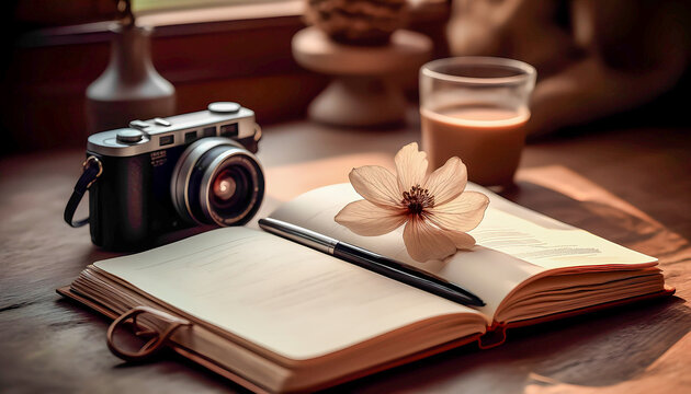 Open notebook with pen and camera on wooden table - Powered by Adobe