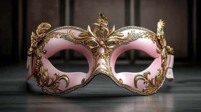An exquisite pink and gold mask beautifully designed with intricate patterns, ideal for festivals or masquerade balls, capturing elegance and intrigue perfectly.