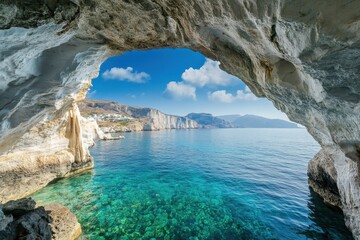 Fototapeta premium Discover the stunning sea cave along the breathtaking coast of Milos Island in Greece, Sea cave on coast of greek island Milos, Greece