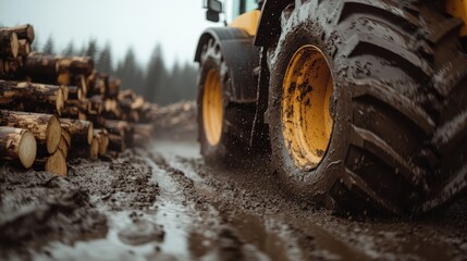 A powerful tractor navigating through mud at a timber logging site, highlighting the ruggedness of outdoor work and the essential role of machinery in forestry operations.