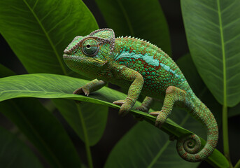 Vibrant Green Chameleon on Lush Tropical Foliage
