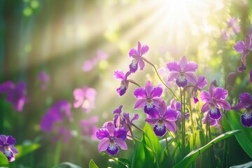 Purple orchids bloom in lush forest illuminated by gentle sunlight rays, purple orchid flowers in forest with sunlight rays Photo in background