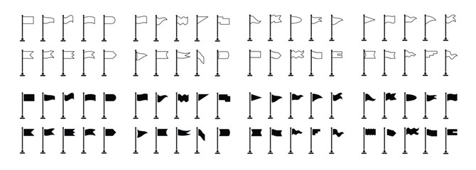 set of 80 Collection of flag and pennant shaped icons with poles for start, end, banner, location, map destination pictogram pins