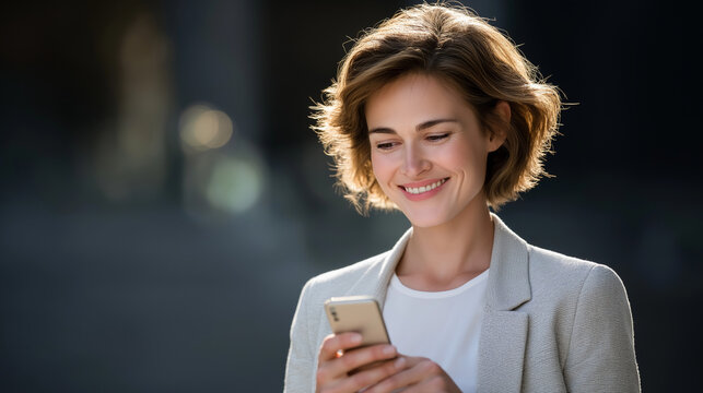 Smiling young businesswoman using AI chat application on mobile phone - Powered by Adobe