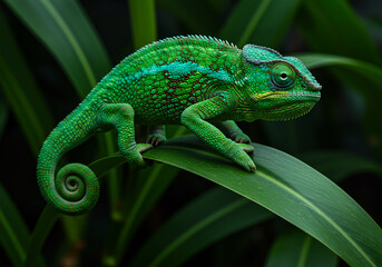 Obraz premium Vibrant Green Chameleon on Lush Leaf Close-Up Photography