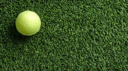 Tennis ball placed on green synthetic turf with blank space around it