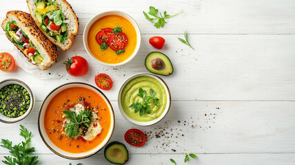 Vegetarian healthy food. Soup and vegan sandwiches. Different sandwiches with avocado. Brunch on white wooden background