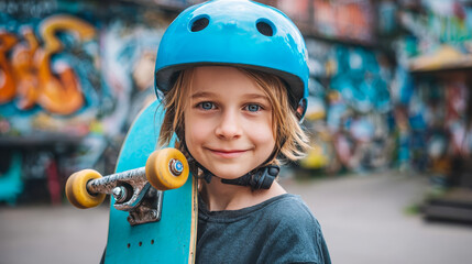 Child in protective helmet holding skateboard and standing at skate park
