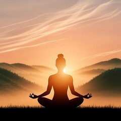 A solitary figure sits in quiet meditation at dawn, bathed in warm sunrise hues that symbolize serenity, inner peace, and awakening.