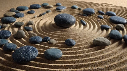 Fotobehang Zen Stenen Zen-inspired pattern of smooth stones arranged in sand to symbolize calm and harmony  © Chingiz