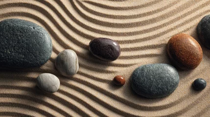 Photo sur Plexiglas Zen-inspired pattern of smooth stones arranged in sand to symbolize calm and harmony