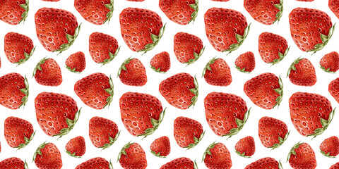 Juicy whole Berries different sizes of red garden Strawberry. Watercolor summer seamless pattern. Hand drawn infinite print for package, cosmetic, tablecloth wallpapers, textile, pajamas