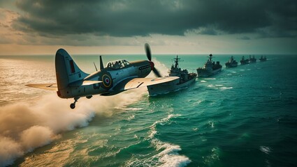 A historic Spitfire fighter plane flying over a convoy of naval warships in the ocean.