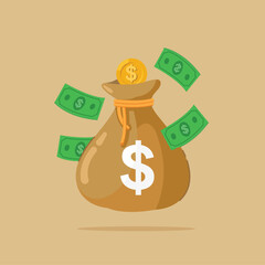 illustration of money bags, coins and paper dollar bills flying around investment profits