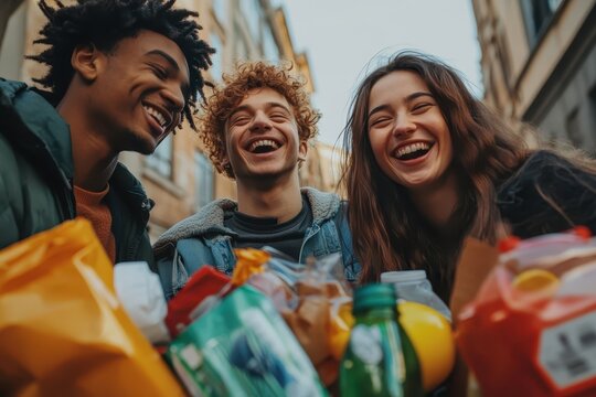 Happy young people share compliments and laughter in a lively city street setting, POV Happy young people complimenting each other after throwing away recyclables Cinematic