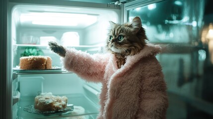 Obraz na płótnie Canvas An adorable cat dressed in a fluffy pink robe, standing by an open refrigerator with treats, capturing the playful essence of pets in a fun home environment full of charm.