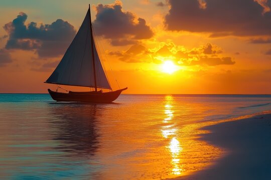 Sailing boat glides into the vibrant sunset at a serene beach with calm waters, Sailing boat into the Sunset beach Photo background Seamless  quality - Powered by Adobe