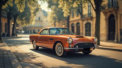 An orange classic car is parked on a charming European street, bathed in sunlight.