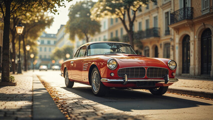 A striking red classic car on a European street, capturing a sense of timeless beauty and elegance.