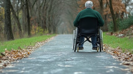 Elderly man in wheelchair on autumn path.