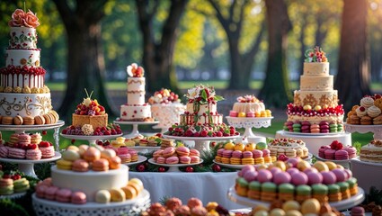 A stunning outdoor dessert spread with beautiful cakes and colorful macarons.