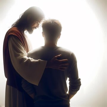 A deeply moving and compassionate scene showing Jesus embracing a young man burdened by pain or inner struggle. A powerful symbol of unconditional love, healing, redemption, and divine acceptance.