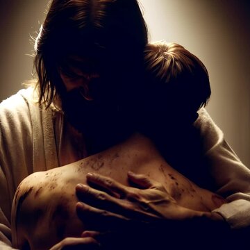 A deeply moving and compassionate scene showing Jesus embracing a young man burdened by pain or inner struggle. A powerful symbol of unconditional love, healing, redemption, and divine acceptance.