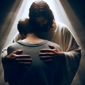 A deeply moving and compassionate scene showing Jesus embracing a young man burdened by pain or inner struggle. A powerful symbol of unconditional love, healing, redemption, and divine acceptance.