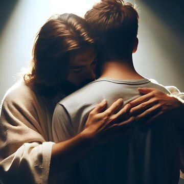 A deeply moving and compassionate scene showing Jesus embracing a young man burdened by pain or inner struggle. A powerful symbol of unconditional love, healing, redemption, and divine acceptance.